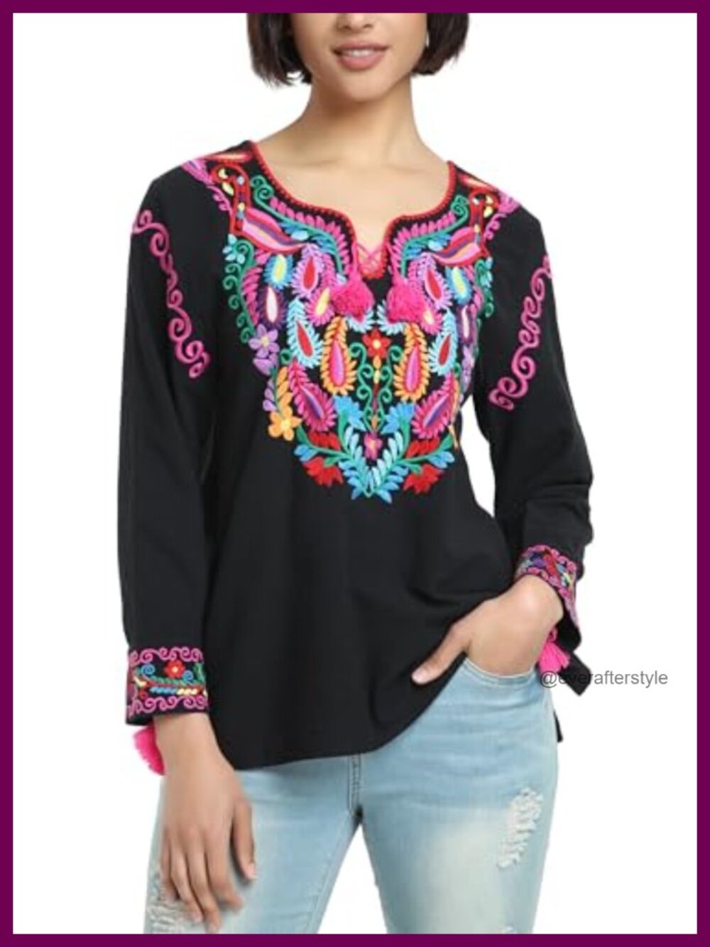 Mexican Embroidered Long Sleeve V Neck Cotton Tunic Boho Blouse